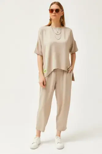 Woman Stone Asymmetric Blouse Soft Touch Top and Bottom Crystal Set TKM-19000269-Stone - 1