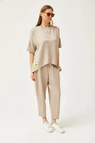 Woman Stone Asymmetric Blouse Soft Touch Top and Bottom Crystal Set TKM-19000269-Stone - 2