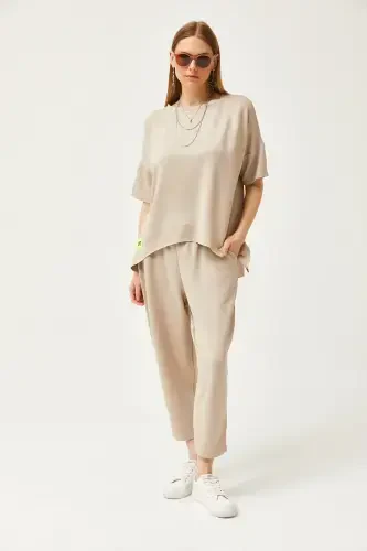 Woman Stone Asymmetric Blouse Soft Touch Top and Bottom Crystal Set TKM-19000269-Stone - 3