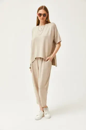 Woman Stone Asymmetric Blouse Soft Touch Top and Bottom Crystal Set TKM-19000269-Stone - 4