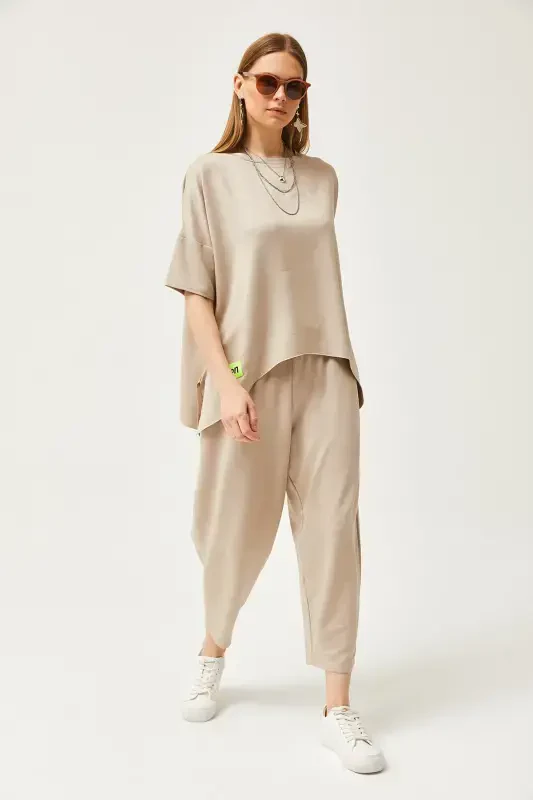 Woman Stone Asymmetric Blouse Soft Touch Top and Bottom Crystal Set TKM-19000269-Stone - 5