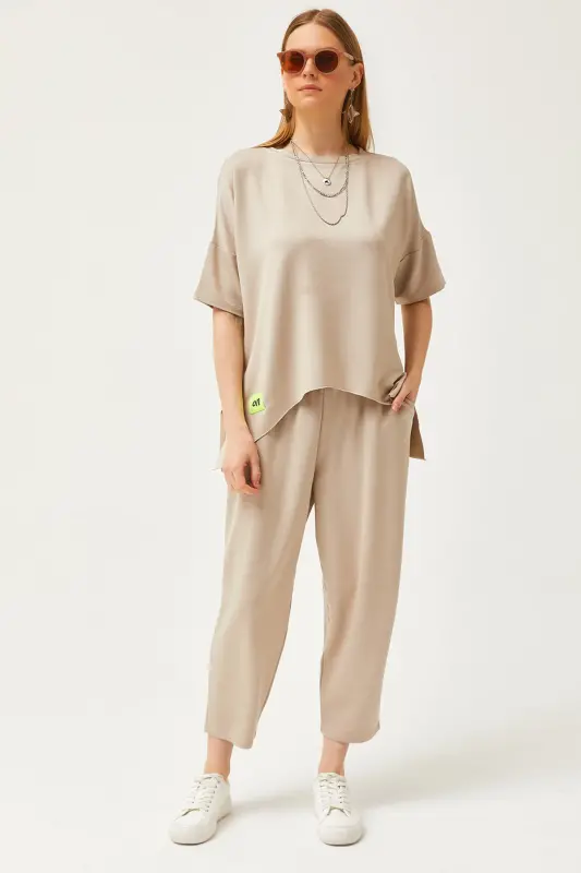 Woman Stone Asymmetric Blouse Soft Touch Top and Bottom Crystal Set TKM-19000269-Stone - OLALOOK
