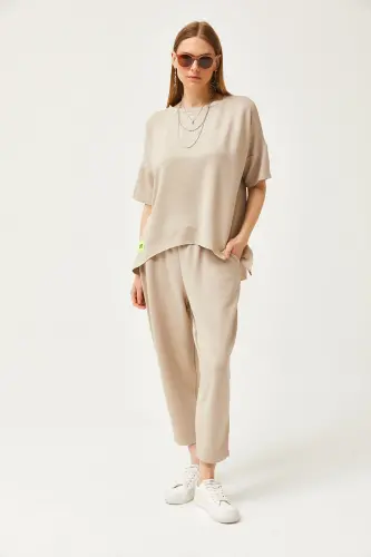 Woman Stone Asymmetric Blouse Soft Touch Top and Bottom Crystal Set TKM-19000269-Stone - 3