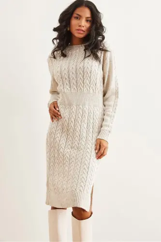 Woman Stone Belted Slit Braided Knit Mini Dress - 1