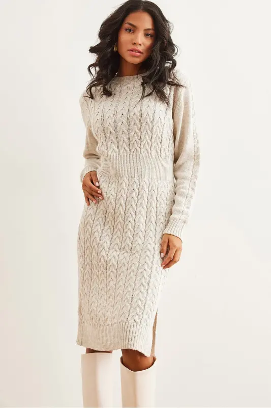 Woman Stone Belted Slit Braided Knit Mini Dress - 1