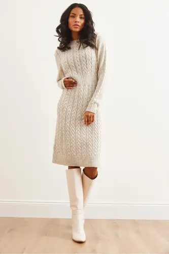 Woman Stone Belted Slit Braided Knit Mini Dress - OLALOOK (1)