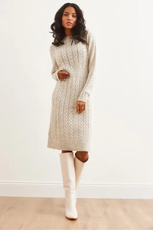 Woman Stone Belted Slit Braided Knit Mini Dress - 2