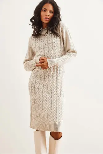 Woman Stone Belted Slit Braided Knit Mini Dress - 3