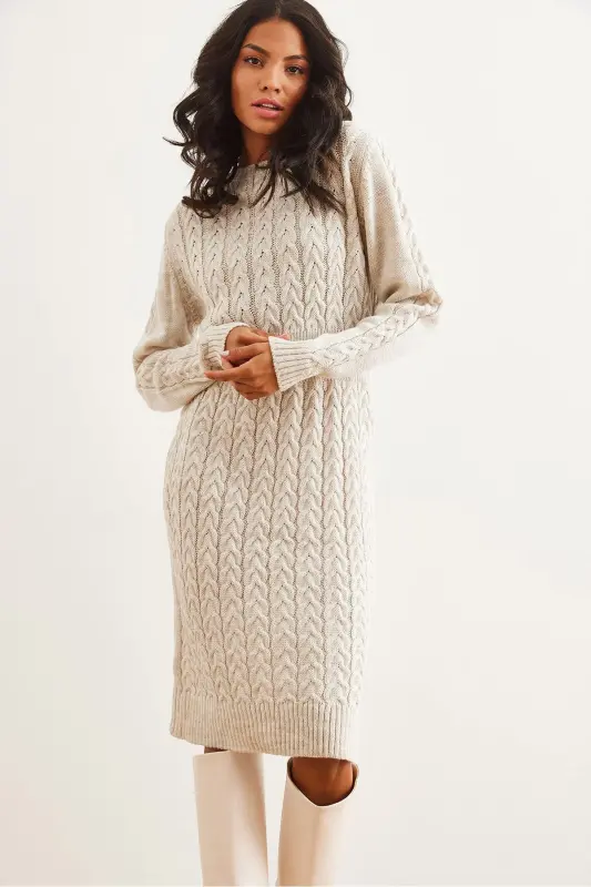 Woman Stone Belted Slit Braided Knit Mini Dress - 3