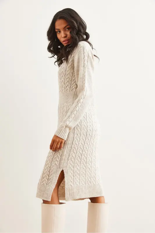 Woman Stone Belted Slit Braided Knit Mini Dress - 4