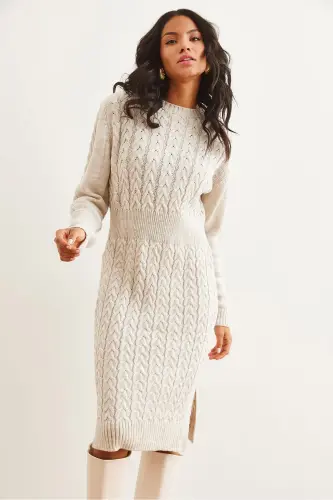 Woman Stone Belted Slit Braided Knit Mini Dress - 5