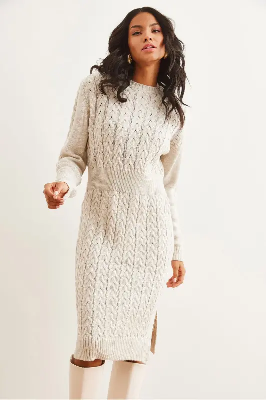 Woman Stone Belted Slit Braided Knit Mini Dress - 5