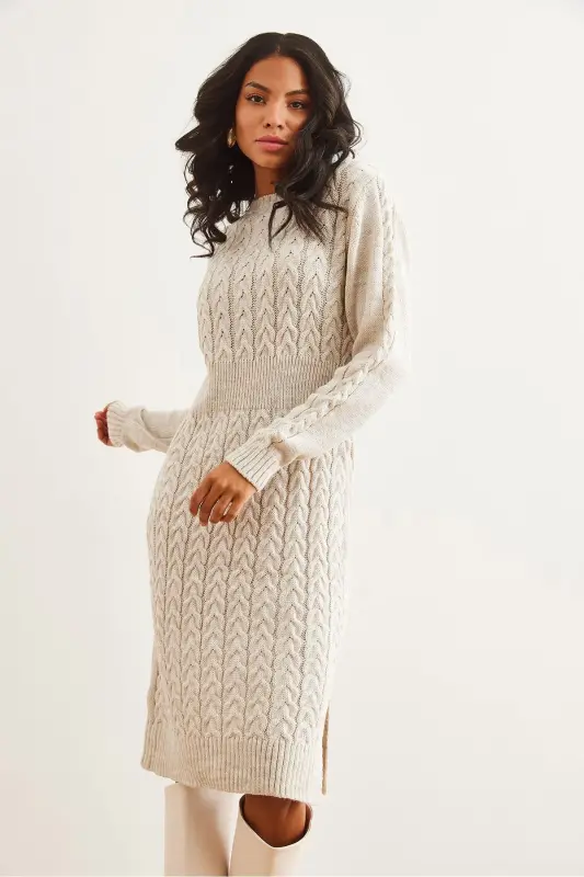 Woman Stone Belted Slit Braided Knit Mini Dress - 6