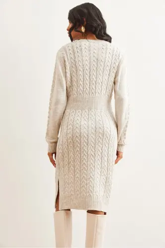 Woman Stone Belted Slit Braided Knit Mini Dress - 7