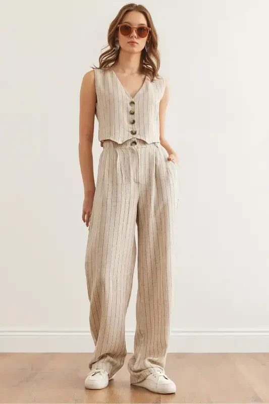 Woman Stone Black Top Vest Bottom Pockets Trousers Line - OLALOOK