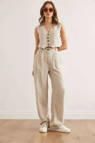 Woman Stone Black Top Vest Bottom Pockets Trousers Line - OLALOOK (1)