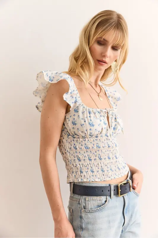 Woman Stone Blue Guipure Lace Detailed Crop Linen Go - 3