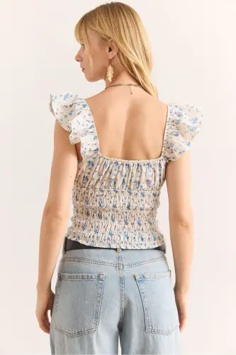 Woman Stone Blue Guipure Lace Detailed Crop Linen Go - 5