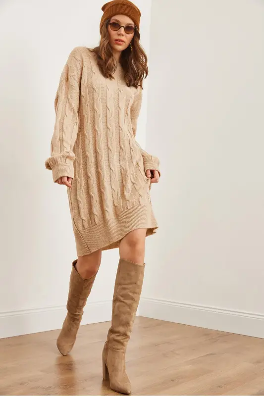 Woman Stone Braided Knit Tunic Dress ELB-190023 - 1