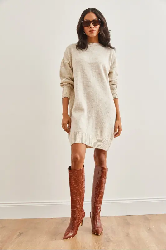 Woman Stone Crew Neck Knitted Tunic Dress ELB-190 - 2