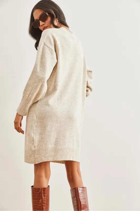 Woman Stone Crew Neck Knitted Tunic Dress ELB-190 - 7