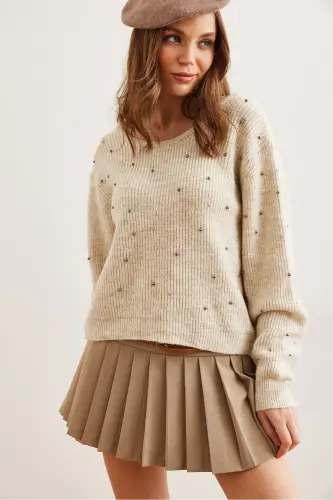 Woman Stone Front Back Pool Collar Pearl Stone Detailed Tricot Sweater KZK-19000879-Stone - OLALOOK (1)