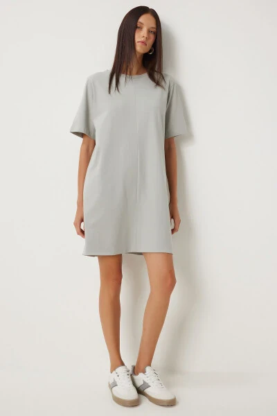 Woman Stone Grey Bicycle Neck Daily Cotton Dress BP00166 - HAPPINESS İSTANBUL