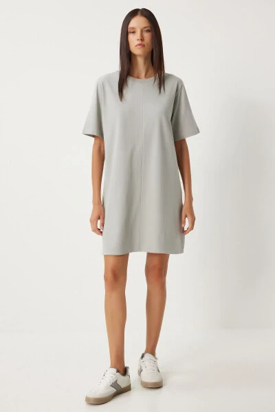 Woman Stone Grey Bicycle Neck Daily Cotton Dress BP00166 - HAPPINESS İSTANBUL (1)