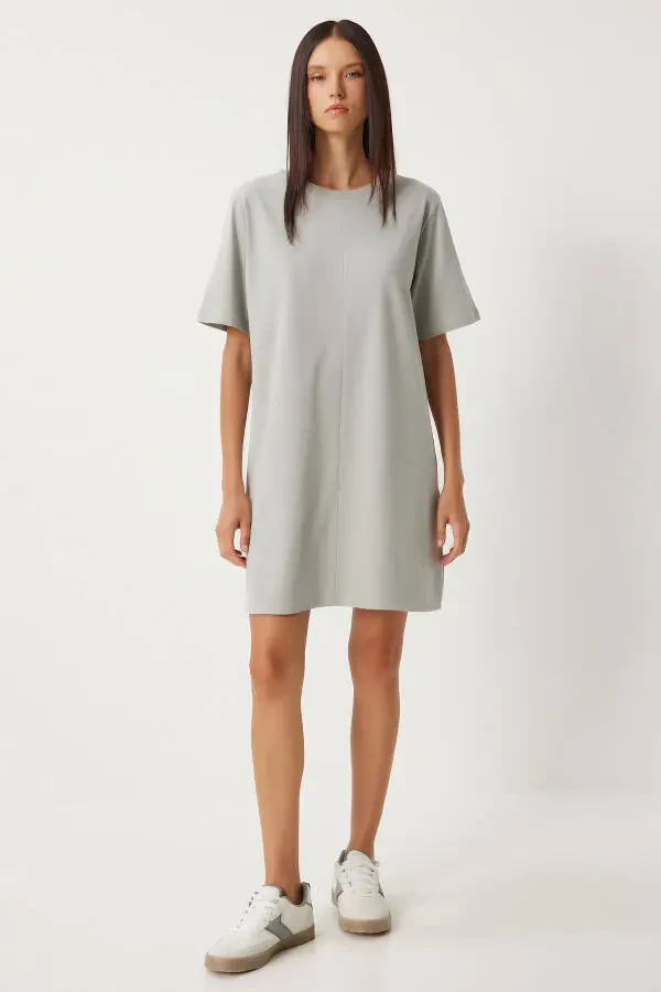 Woman Stone Grey Bicycle Neck Daily Cotton Dress BP00166 - 2