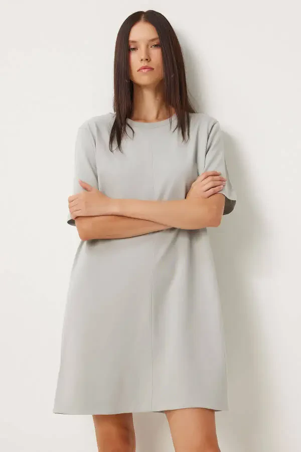 Woman Stone Grey Bicycle Neck Daily Cotton Dress BP00166 - 3