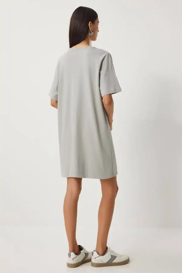 Woman Stone Grey Bicycle Neck Daily Cotton Dress BP00166 - 5