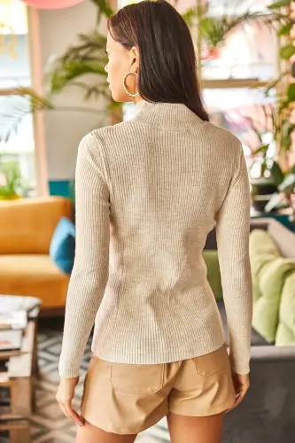 Woman Stone Half Fisherman Zigzag Textured Soft Knitwear Sweater KZK-19000447-Stone - OLALOOK (1)