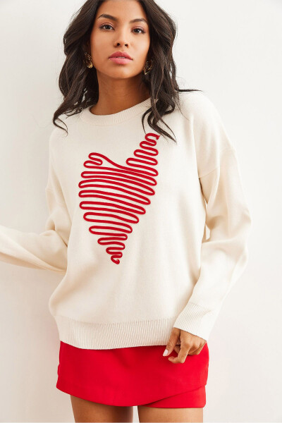 Woman Stone Heart Patterned Detailed Knitted Sweater KZK-1900 - OLALOOK