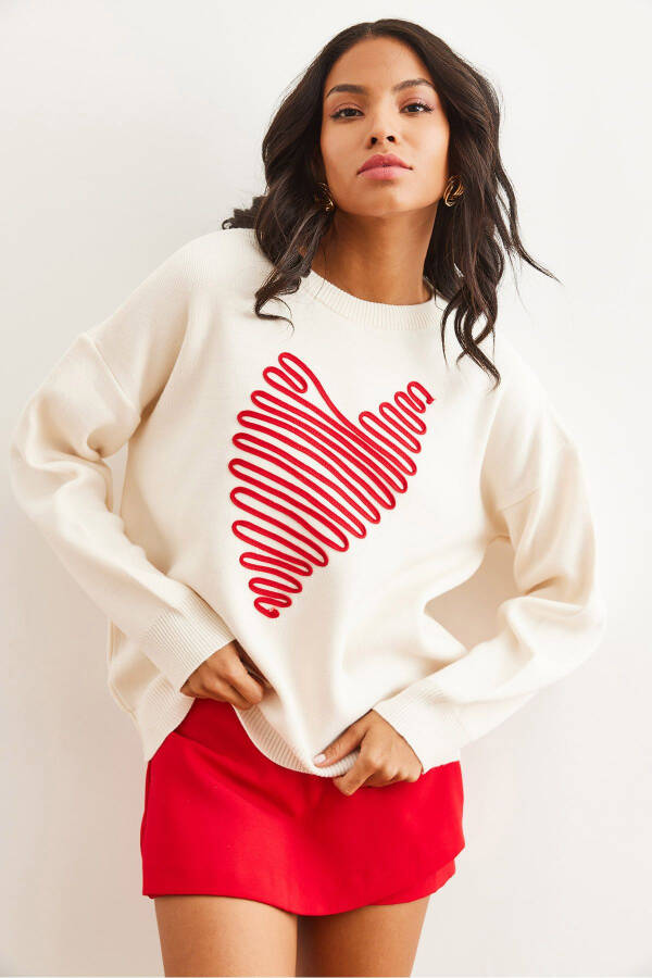 Woman Stone Heart Patterned Detailed Knitted Sweater KZK-1900 - 3