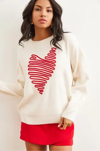 Woman Stone Heart Patterned Detailed Knitted Sweater KZK-1900 - OLALOOK (1)