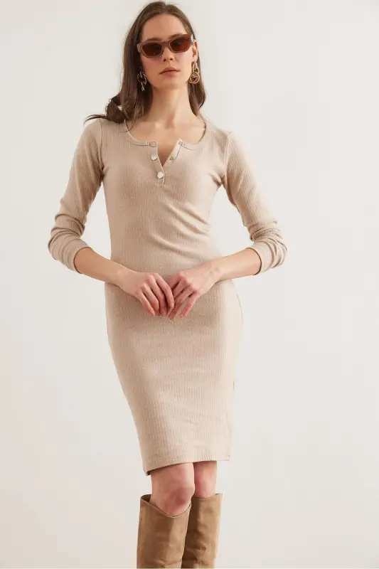 Woman Stone Metal Buttoned Raised Nap Lycra Mini Dress - OLALOOK