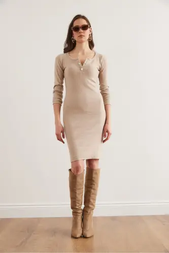 Woman Stone Metal Buttoned Raised Nap Lycra Mini Dress - OLALOOK (1)