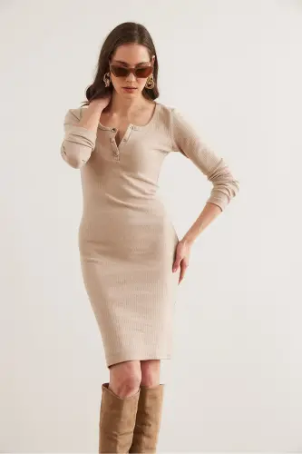 Woman Stone Metal Buttoned Raised Nap Lycra Mini Dress - 3