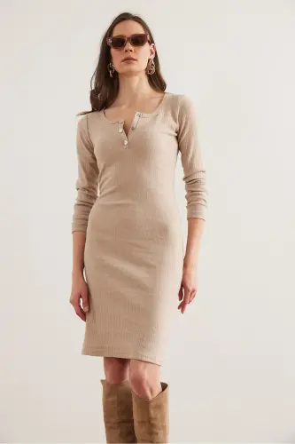 Woman Stone Metal Buttoned Raised Nap Lycra Mini Dress - 4