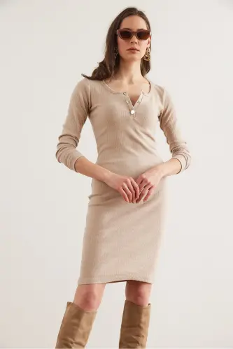 Woman Stone Metal Buttoned Raised Nap Lycra Mini Dress - 5