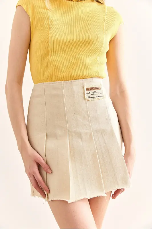 Woman Stone Ornament Detailed Side Zippered Pleated Gabardine - 3