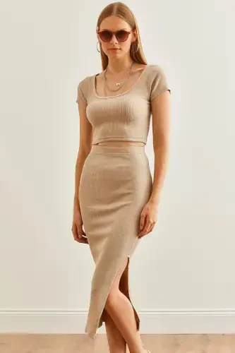 Woman Stone Pool Neck Crop Blouse Slit Pencil Skirt - 1