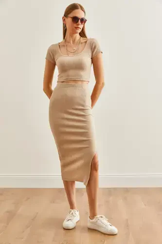 Woman Stone Pool Neck Crop Blouse Slit Pencil Skirt - 3