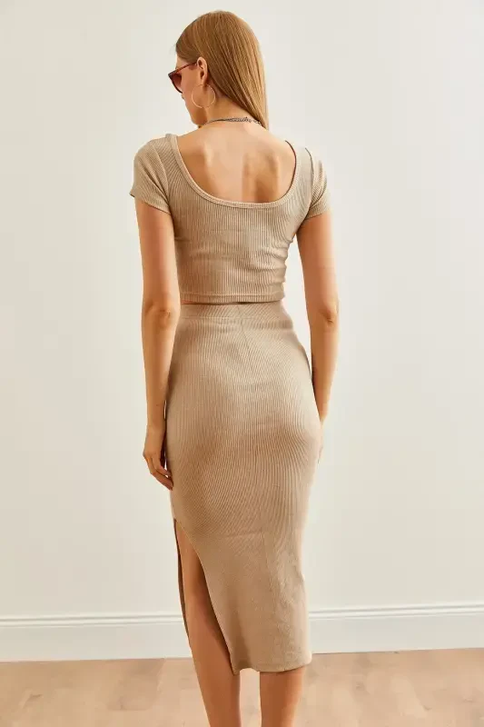 Woman Stone Pool Neck Crop Blouse Slit Pencil Skirt - 7