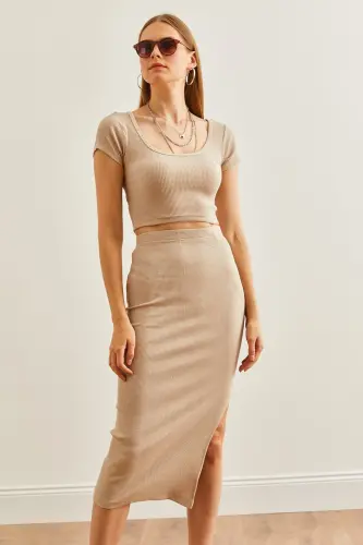 Woman Stone Pool Neck Crop Blouse Slit Pencil Skirt - 13