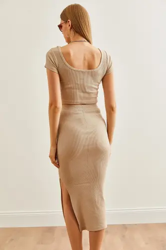 Woman Stone Pool Neck Crop Blouse Slit Pencil Skirt - 15