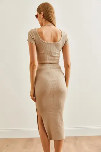 Woman Stone Pool Neck Crop Blouse Slit Pencil Skirt - 4