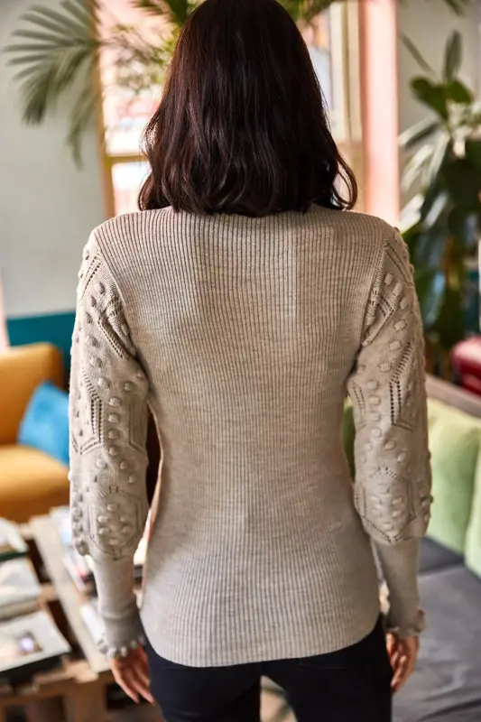 Woman Stone Sleeve Detailed Stand-Up Collar Ribbed Knitwear Sweater KZK-19000383-Stone - 6