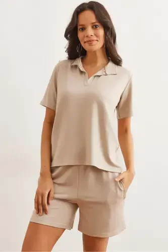 Woman Stone Top Polo Neck Blouse Bottom Pocket Shorts Krista - 1