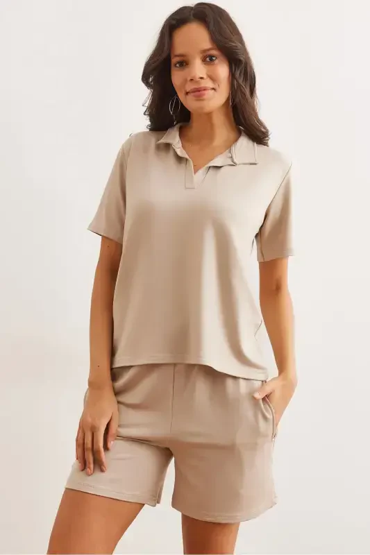 Woman Stone Top Polo Neck Blouse Bottom Pocket Shorts Krista - 1